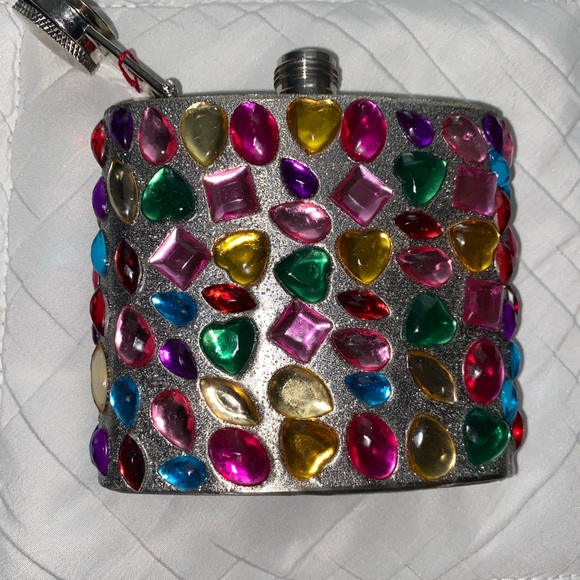 Source Unknown Other - Flask Pocket Flask Liquor Stainless Steel Screw Cap Beaded Multi color Hearts